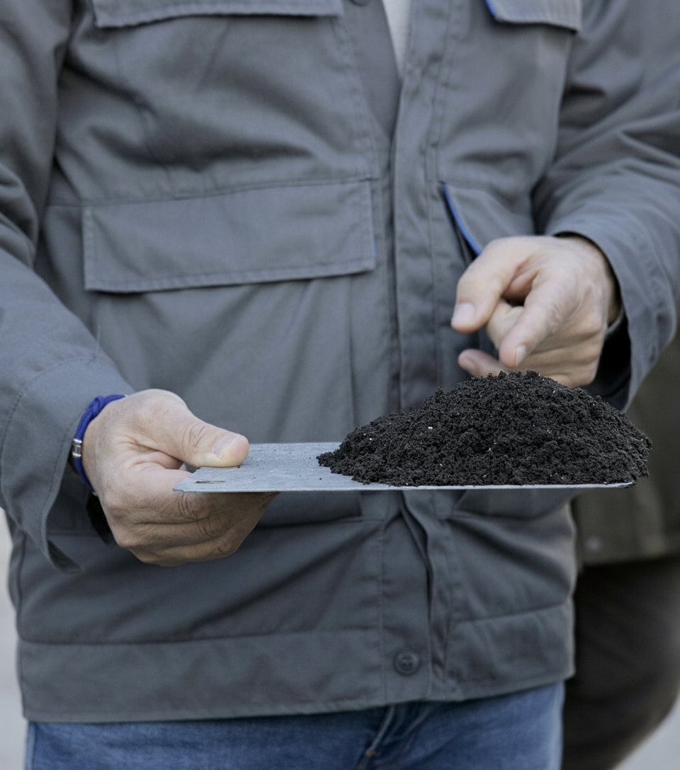 Dipendente Acea in abbigliamento da lavoro tiene in mano una paletta metallicacon un mucchietto di terriccio scuro, che indica con un dico