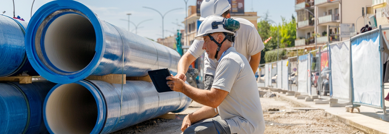 Due operai guardano lo schermo di un tablet presso un cantiere Acea